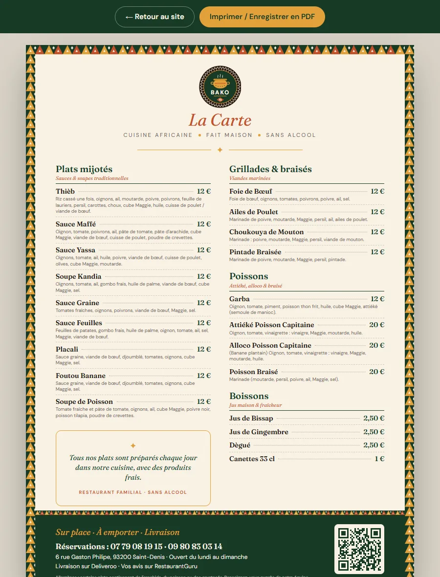 Bako-72 printable A4 menu with a QR code