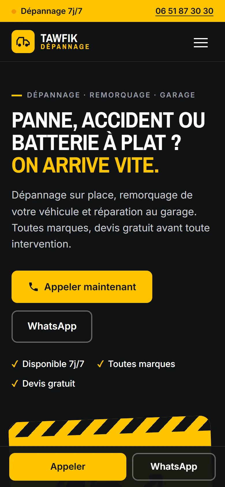 Tawfik Dépannage website on a phone, with call and WhatsApp buttons